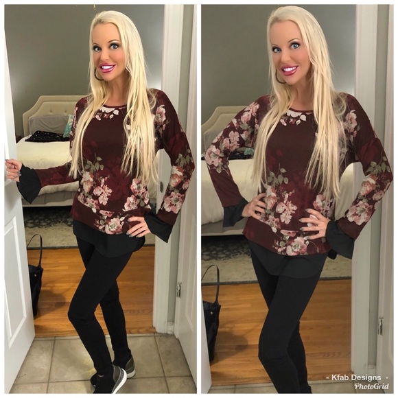 Tops - ❤️LAST 1! Wine/Black Ruffled Floral Tunic!